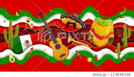 Viva Mexico holiday paper cut banner with national Mexican flag, sombrero and musical instruments. Vector wavy 3d layered frame with traditional latin america symbols, avocado, guitar, maracas, cactus 113636156