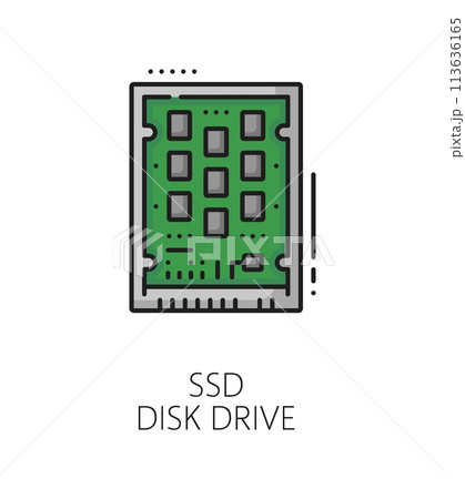 Ssd disk drive hardware line color icon or sign. Isolated vector green rectangular, compact pc disc with circuitry or flash memory chips, symbolizing speed and modern data storage technology 113636165