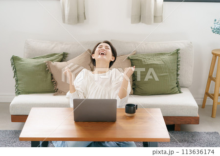 パソコンを見て喜ぶ30代女性 パソコンを見て喜ぶ30代女性 113636174