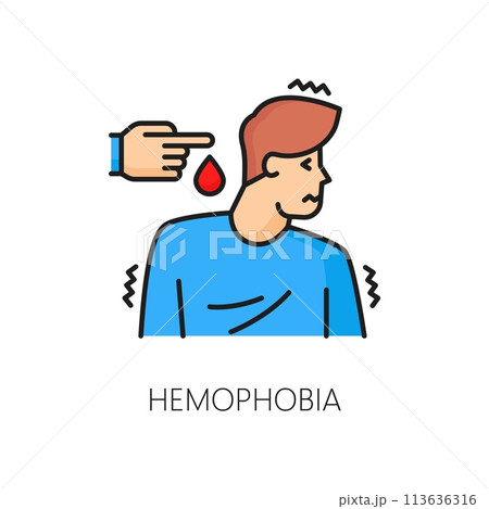 Human phobia problem, psychology health, hemophobia mental anxiety outline color icon. People psychology problem, phobia, fear or mental disorder thin line vector icon with man scared of blood drop 113636316