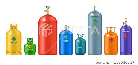 Realistic gas metal cylinders, tank bottles or containers of oxygen, propane and hydrogen, vector LPG canisters. Realistic barrels of compressed gas storage cylinders with argon, helium and nitrogen 113636317