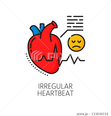 Hematology, anemia disease irregular heartbeat symptom color line icon. Health care diagnose, anemia symptom or hematology medicine test outline vector icon with human heart, heartbeat cardiogram 113636318