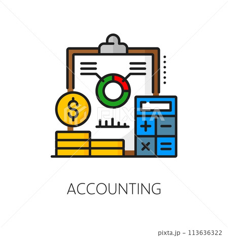 Color accounting line icon with vector financial statement, money and calculator. Business company revenue report isolated outline sign with statistic graph and dollar currency coins, business themes 113636322