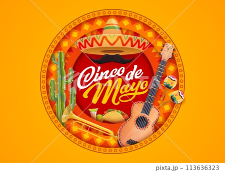 Cinco de Mayo paper cut Mexican holiday banner with sombrero and guitar, vector background. Mexican Cinco de Mayo celebration fiesta with mariachi music maracas and trumpet, cactus, taco and tequila 113636323
