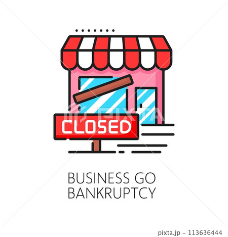 Business go bankruptcy color line icon, economic crisis and money loss, downturn symbol. Closed store, kiosk, or shop building. Isolated vector linear sign of financial distress, fail and bankruptcy 113636444
