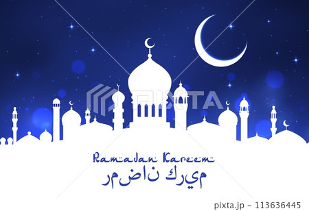 Arabian mosque silhouette, Ramadan Kareem Eid Mubarak banner with muslim ancient city architecture skyline. Vector religious holiday celebration greeting card with crescent moon and stars in night sky Arabian mosque silhouette, Ramadan Kareem Eid Mubarak banner with muslim ancient city architecture skyline. Vector religious holiday celebration greeting card with crescent moon and stars in night sky 113636445