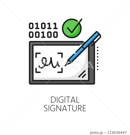 Digital signature biometric identification, recognition or verification icon. Isolated vector sign, ensuring document integrity and authentication in digital transactions, enhancing trust and privacy 113636447
