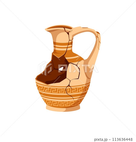 Ancient broken pottery and vase. Old ceramic cracked pot or jug. Isolated cartoon vector greek or roman earthenware pitcher with cracks, hole, pattern and handle. Vessel for wine, museum artefact 113636448