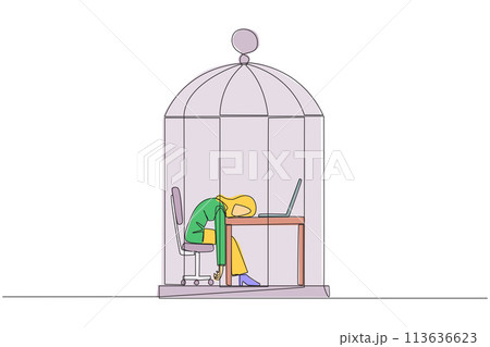 Single continuous line drawing Arabian businesswoman trapped in cage asleep on laptop. Tired of repetitive routines. The many deadlines require overtime every day. One line design vector illustration 113636623
