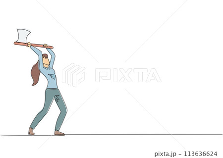 Continuous one line drawing young businesswoman swinging an axe. Style like a lumberjack. Strong. Muscular. Powerful. Sports for physical health. Awareness. Single line draw design vector illustration 113636624