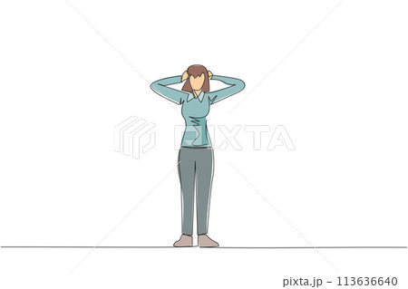 Single one line drawing businesswoman standing straight holding head with both hands. Gestures excited or surprised. Unusual facial expressions. Startled. Continuous line design graphic illustration Single one line drawing businesswoman standing straight holding head with both hands. Gestures excited or surprised. Unusual facial expressions. Startled. Continuous line design graphic illustration 113636640