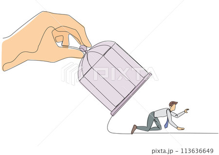 Single continuous line drawing big hand holds the cage want to catch crawling businessman. Losing streak. Lost on all fronts. Helpless businessman. Loss. Bankrupt. One line design vector illustration 113636649