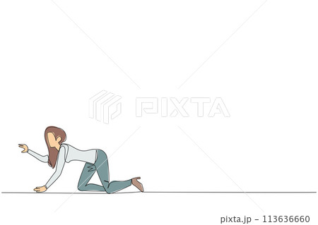 Single one line drawing young tired businesswoman. Trying to get up after being attacked by a pandemic. Starting from crawling, walking, then running fast. Continuous line design graphic illustration 113636660