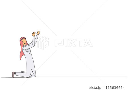 Single one line drawing Arabian businessman kneeling raising hands to pray. Praying to make it easier to do business. Businessman lost hope. Surrender. Continuous line design graphic illustration 113636664