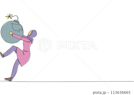 Continuous one line drawing Arabian businesswoman carrying bomb with burning fuse. Concept of keeping danger away from the business environment to survive. Single line draw design vector illustration Continuous one line drawing Arabian businesswoman carrying bomb with burning fuse. Concept of keeping danger away from the business environment to survive. Single line draw design vector illustration 113636665