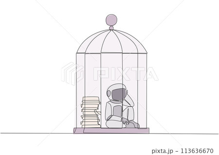 Continuous one line drawing astronaut trapped in the cage sitting down frustrated. Stress with piling up unfinished work until close to deadline. Exhausted. Single line draw design vector illustration Continuous one line drawing astronaut trapped in the cage sitting down frustrated. Stress with piling up unfinished work until close to deadline. Exhausted. Single line draw design vector illustration 113636670