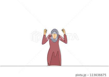 Single one line drawing Arabian businesswoman kneeling like praying. Lost hope. Businesses will bankrupt if fail to get bona fide clients. Gesture of surrender. Continuous line graphic illustration 113636675