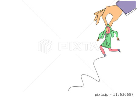 Continuous one line drawing big hand holding Arabian businesswoman. Workplace moving metaphor. Position transfer. Level up. Have bigger responsibilities. Single line draw design vector illustration Continuous one line drawing big hand holding Arabian businesswoman. Workplace moving metaphor. Position transfer. Level up. Have bigger responsibilities. Single line draw design vector illustration 113636687
