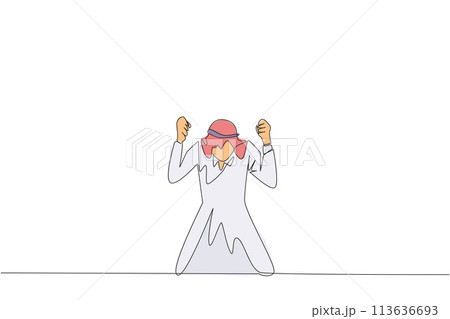 Single continuous line drawing Arab businessman kneeling like praying. Lost hope. Businesses will bankrupt if fail to get bona fide clients. Gesture of surrender. One line design vector illustration 113636693