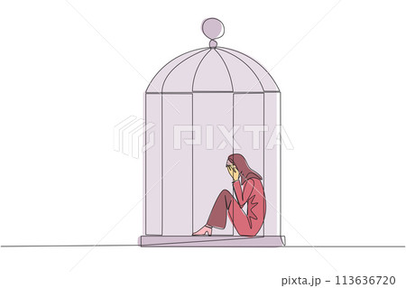 Continuous one line drawing Arab businesswoman trapped in the cage sitting covering face. Feel utterly defeated. Trapped in a dirty business. Mentally tired. Lost. Single line draw vector illustration 113636720