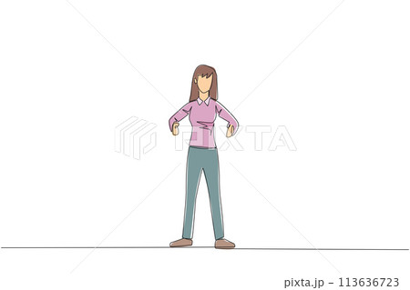 Continuous one line drawing businesswoman standing straight. Survive inflation and pandemics. Looking to the future of business is full of hopes of success. Single line draw design vector illustration 113636723