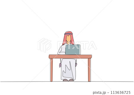 Continuous one line drawing Arab businessman sitting and typing on laptop computer. Prepare important data to presenting in front of new investors. Hectic. Single line draw design vector illustration 113636725