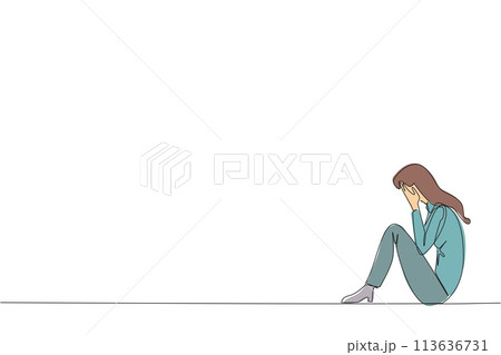 Single one line drawing businesswoman sitting while covering face. A sad businesswoman bemoans the fate of business. Failure to develop business unit. Continuous line design graphic illustration 113636731