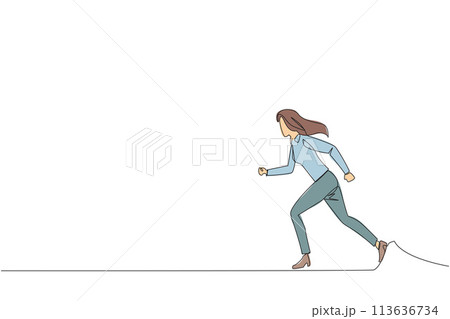 Single continuous line drawing young businesswoman doing light exercise. Running aims to maintain heart health. Businesswoman with healthy life style. Good mental. One line design vector illustration 113636734