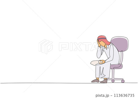 Single continuous line drawing sad Arab businessman sat limply in chair. Pensively holding a piece of bill paper. The large of receivables, business will collapse. One line design vector illustration 113636735