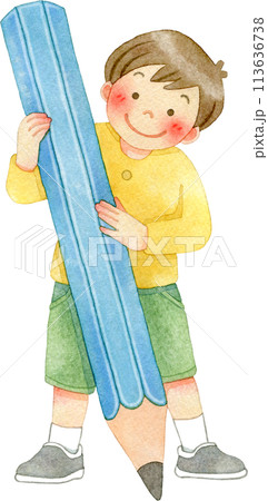 大きな鉛筆を持つ男の子の水彩イラスト 大きな鉛筆を持つ男の子の水彩イラスト 113636738