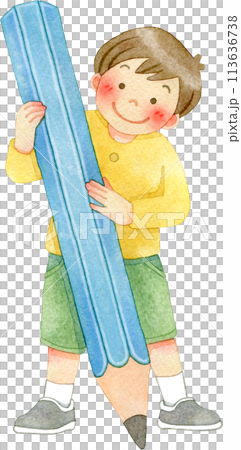 大きな鉛筆を持つ男の子の水彩イラスト 大きな鉛筆を持つ男の子の水彩イラスト 113636738