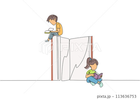 Continuous one line drawing children sit reading books while the big book is open. Serious and focus learning increases insight. Book festival concept. Single line draw design vector illustration 113636753