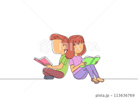 Continuous one line drawing kids sitting reading book. The new hobby of reading books helps to relax. One book one day. Good habits. Book festival concept. Single line draw design vector illustration 113636769