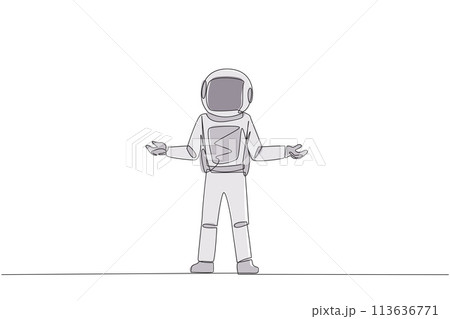 Continuous one line drawing young astronaut standing straight with open arms. Lonely and sadness astronaut lamenting undeveloped business. Unhappy manager. Single line draw design vector illustration 113636771