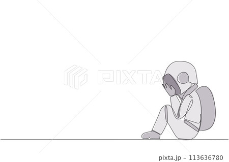 Single continuous line drawing young astronaut sitting while covering face. An unhappy astronaut bemoans the fate of business. Failure to develop business unit. One line design vector illustration 113636780