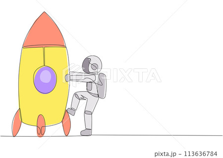 Single one line drawing astronaut and rocket. Get ready to ride rocket that will launch. Metaphors bring business success. Cosmonaut deep space. Spaceship. Continuous line design graphic illustration 113636784