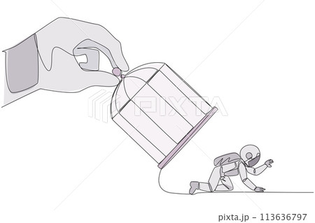 Single continuous line drawing big hand holds the cage want to catch crawling astronaut. Losing streak. Lost on all fronts. Helpless astronaut. Bankrupt. Spaceman. One line design vector illustration 113636797