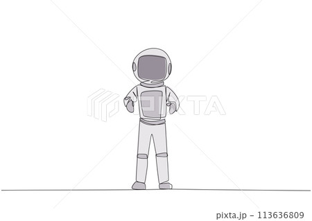 Single continuous line drawing young astronaut standing straight. Survive inflation and pandemics. Looking to the future of business is full of hopes of success. One line design vector illustration Single continuous line drawing young astronaut standing straight. Survive inflation and pandemics. Looking to the future of business is full of hopes of success. One line design vector illustration 113636809