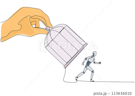 Continuous one line drawing big hand holding iron cage, catch robot. Want to trap in any way. Enter the trap. Unfair business competition. Lost. AI tech. Single line draw design vector illustration Continuous one line drawing big hand holding iron cage, catch robot. Want to trap in any way. Enter the trap. Unfair business competition. Lost. AI tech. Single line draw design vector illustration 113636810