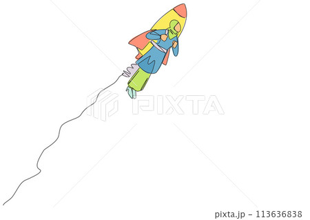 Single continuous line drawing Arabian businesswoman flying with rocket. Desire to take the business to the skies. Successful entrepreneur. The great businesswoman. One line design vector illustration 113636838