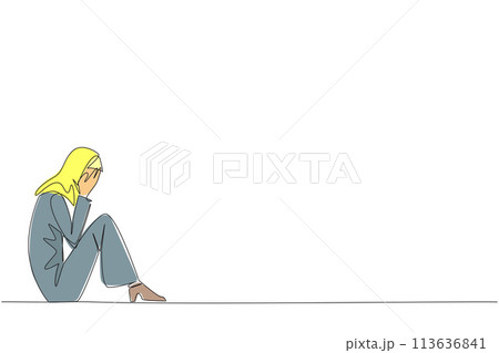 Single continuous line drawing Arabian businesswoman sitting while covering face. Sad businesswoman bemoans the fate of business. Failure to develop business unit. One line design vector illustration Single continuous line drawing Arabian businesswoman sitting while covering face. Sad businesswoman bemoans the fate of business. Failure to develop business unit. One line design vector illustration 113636841