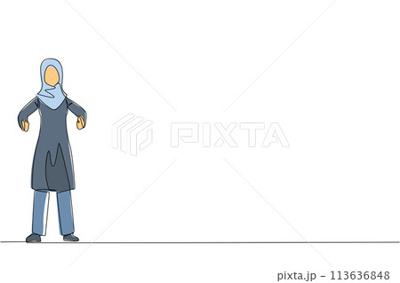 Continuous one line drawing Arabian businesswoman standing straight. Survive inflation and pandemics. Looking to the future of business is full of hopes of success. Single line draw design vector 113636848