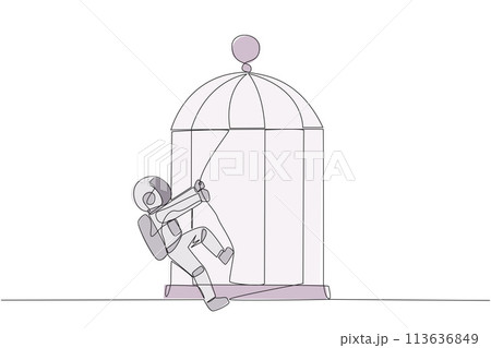 Single continuous line drawing young astronaut pull the iron bars until dented. Describes anger. The cosmonaut expressing disappointment. Unhappy. Exasperated. One line design vector illustration 113636849