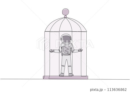 Single continuous line drawing astronaut trapped in cage standing with open arms. Surrender to the situation. Forced to stay in a cage. Business is not growing. One line design vector illustration 113636862