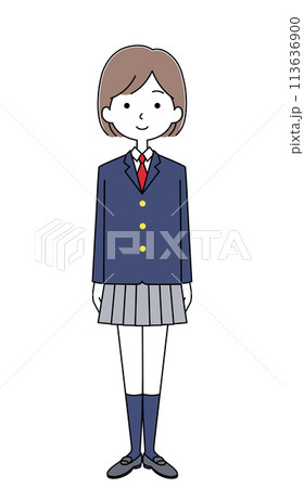女子生徒のイラスト（冬服・スカートの丈が短い） 113636900