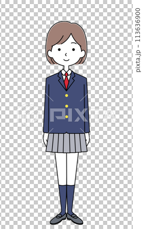 女子生徒のイラスト（冬服・スカートの丈が短い） 113636900