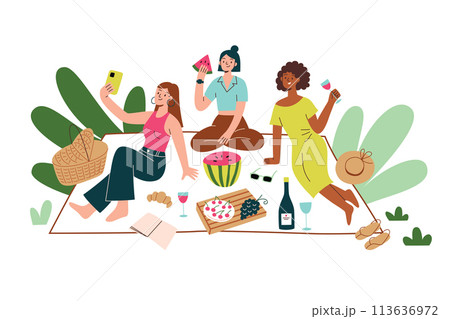 Women enjoying picnic in summer, happy female friends eating outside in park, vector composition with food, drinks, wine, fruit on picnic blanket, vector spring scene, wicker basket for outdoor lunch Women enjoying picnic in summer, happy female friends eating outside in park, vector composition with food, drinks, wine, fruit on picnic blanket, vector spring scene, wicker basket for outdoor lunch 113636972