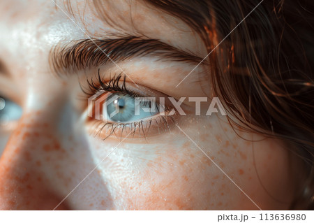 Close up woman eye photo. Caucasian female face eye macro nature beauty gray color iris and brown hair. Side look profile woman close portrait photo. 113636980