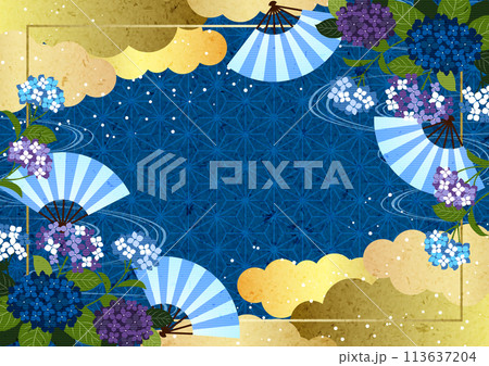 梅雨、あじさい、イラスト、背景、和風、和柄、青、横型、かわいい 113637204