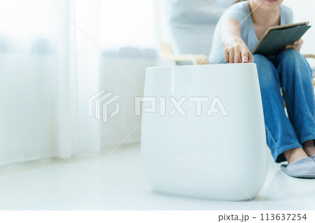 Happy Asian young woman turning on high efficiency air purifier while staying and relaxing in the living room. Woman using air purifier in her house. 113637254